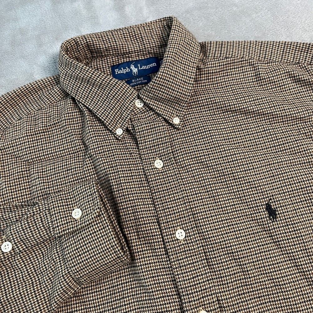 Ralph Lauren Blake Shirt Mens Large Brown Houndstooth Long Sleeve Cotton Button